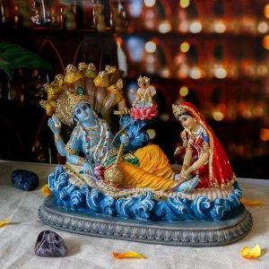 Sri Krishna Culture- Lord Vishnu on a Bed of Snakes With Lakshmi and Brahma Statue-Length-11 inches-Resin-Multicoloured