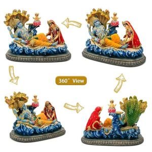 Sri Krishna Culture- Lord Vishnu on a Bed of Snakes With Lakshmi and Brahma Statue-Length-11 inches-Resin-Multicoloured
