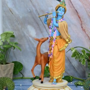 Handcrafted Krishna Standing Playing Flute With Deer-Height-18 Inches-Resin-Multicolour