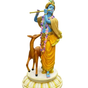 Handcrafted Krishna Standing Playing Flute With Deer-Height-18 Inches-Resin-Multicolour